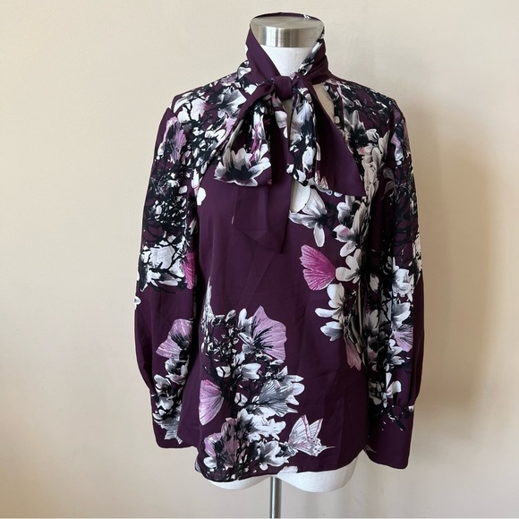 Natori Secretary Bow Floral Tie Neck Blouse 13525 - Picture 3 of 10